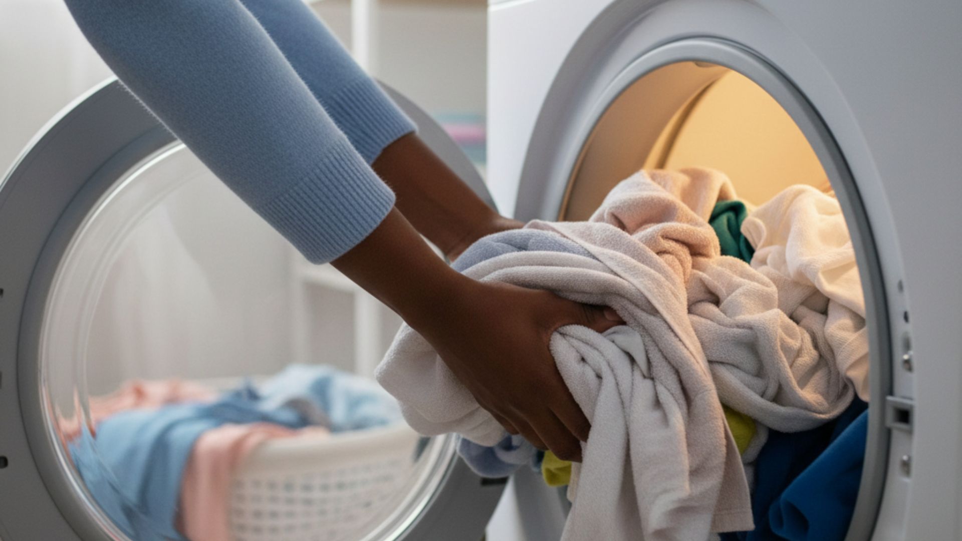 woman pulling clothes our of dryer